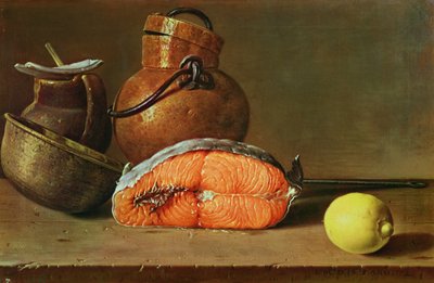 Still Life with a Piece of Salmon, a Lemon and Kitchen Utensils by Luis Egidio Melendez